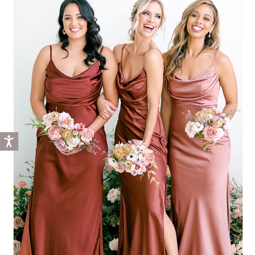 Revelry satin bridesmaids dress in desert rose!